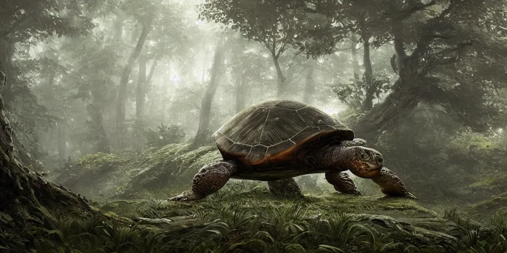 Prompt: a huge ancient turtle with a forest on top of its shell, greg rutkowski, 8 k, shallow depth of field, intricate detail, concept art,