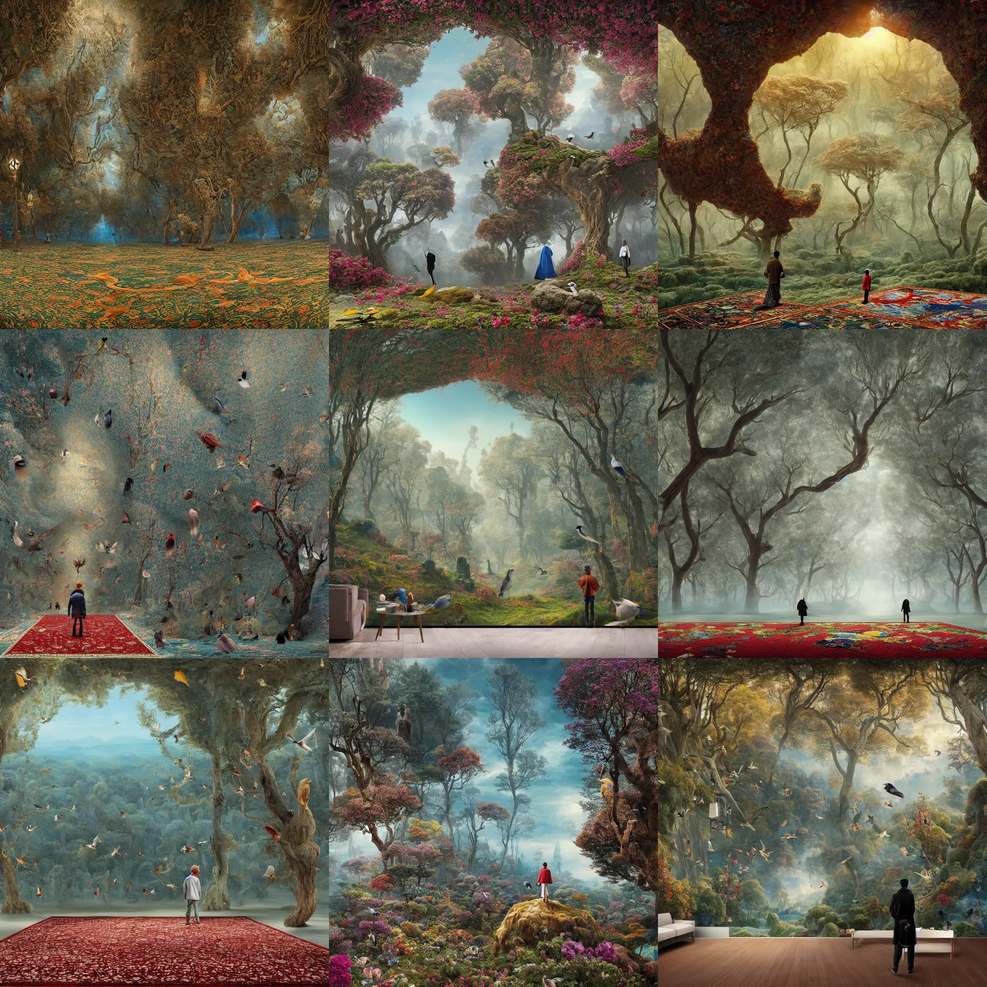 Prompt: photo of a wanderer in the magic Fluffy 3d Persian Carpet dimension, everything is carpet and 3d, birds and trees, surreal, Pixar movie panorama, immense detail, epic, striking, by Caspar David Friedrich