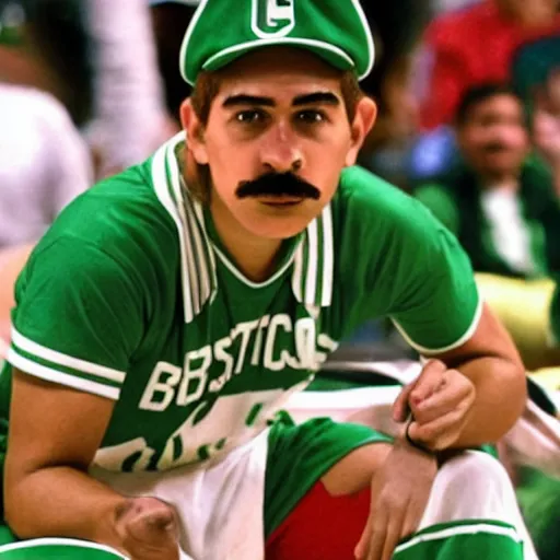 Image similar to realistic super mario playing for the boston celtics