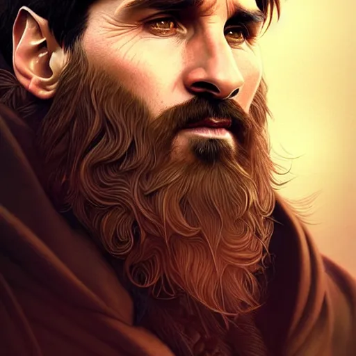 Image similar to Lionel Messi with a majestic beard, closeup, D&D, fantasy, intricate, elegant, highly detailed, digital painting, artstation, concept art, matte, sharp focus, illustration, art by Artgerm and Greg Rutkowski and Alphonse Mucha