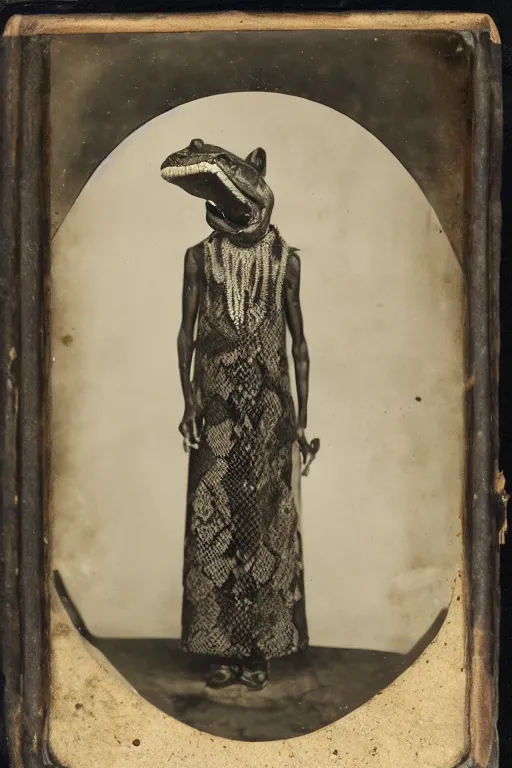 Image similar to a wet plate photo of an anthropomorphic snake dressed for the kings court