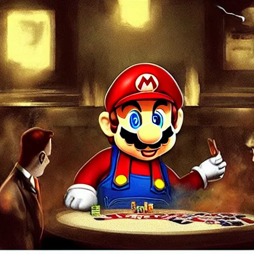 Image similar to super mario as a mafia boss smoking a cigar whilst playing poker, dark atmosphere, very detailed, cinematic lighting