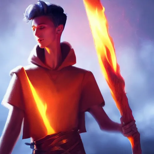 Prompt: Troye Sivan wearing a barbarians tunic holding a glowing fire magical staff. Trending on Artstation, octane render, ultra detailed, art by Ross tran
