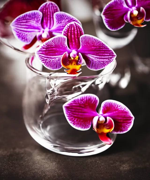 Prompt: a beautiful orchid flower in a cup of glasses of water, red color vibe, ultra detailed