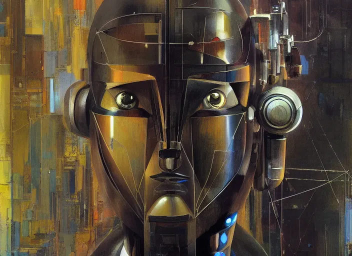 Image similar to a portrait of cyber - dog of sci fi metallic human, bright eyes, melancholic complex geometric figure liminal machinery by oskar schlemmer, moebius, john berkey, film grain, oil on canvas, portrait facial head, featured on artstation, hd wallpaper, 8 k by yoji shinkawa