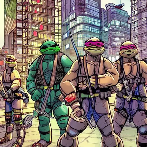 Image similar to cyberpunk teenage mutant ninja turtles in a cyberpunk city