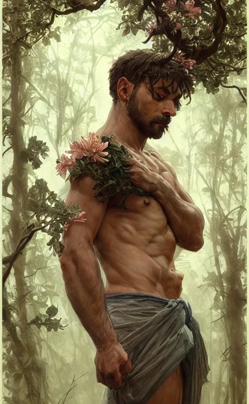 Image similar to god of the forest, 3 0 years old, rugged, handsome, male, detailed face, clean lines, atmospheric lighting, amazing, full body, thighs, flowers, muscular, intricate, highly detailed, digital painting, deviantart, concept art, sharp focus, illustration, art by greg rutkowski and alphonse mucha