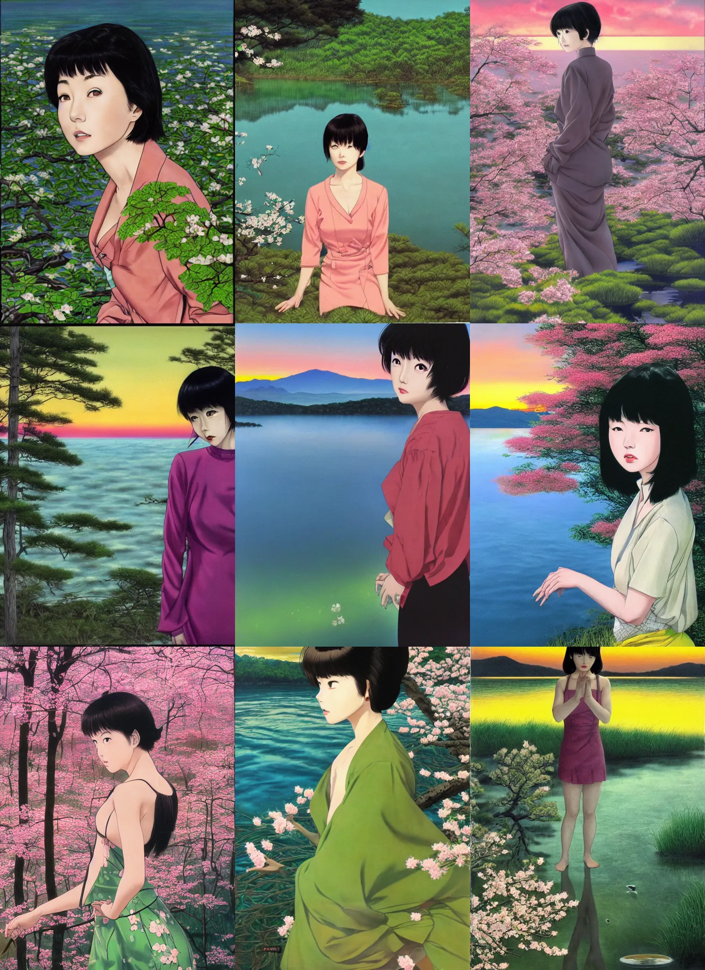 Prompt: glad tomie kawakami staring at a disturbing lake surrounded by a dense blossom forest, during a radioactive green sunset, over the shoulder shot, portrait, vibrant colours, realistic oil painting by ohrai noriyoshi and junji ito