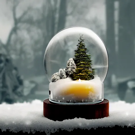 Image similar to Snow globe, candles, Gustav Klutsis, octane render, Fallout, Pietro Fragiacomo, Legend of Zelda, mist, snow, pine tree, Aloe vera, swamp, dollar bill, shed