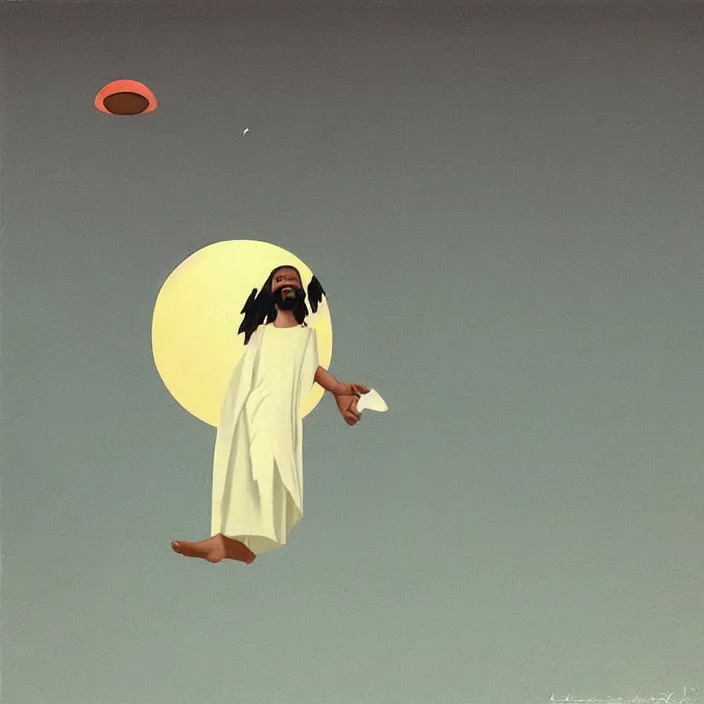 Prompt: a hovering UFO over an African Jesus ,painting by Hsiao-Ron Cheng,