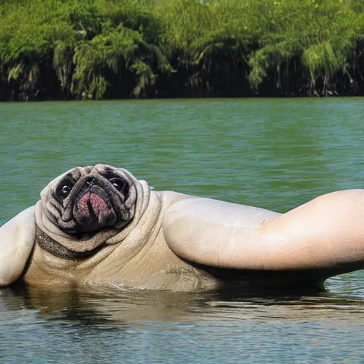 Image similar to a Manatee-Pug Hybrid, A Manatee that looks like a pug, huge tusks, afternoon hangout, good times photograph, candid