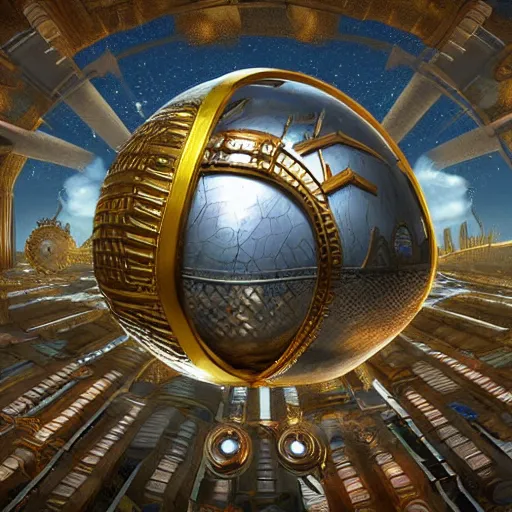 Prompt: enormous flying city in a faberge egg, sky background, steampunk, fantasy art, masterpiece, unreal engine