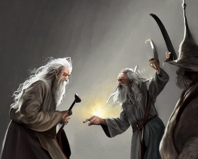 Image similar to Gandalf fighting Dumbeldore in grocery store, highly detailed, digital art, trending on artstation