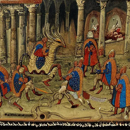 Image similar to a group of Byzantine knights fighting a dragon inside a cistern underneath Istanbul