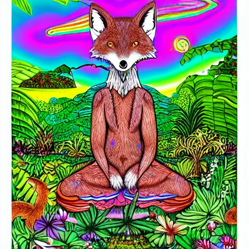 Image similar to an anthromorphic fox man meditating in a garden with a waterfall and clouds, by Lisa Frank in a psychedelic style, digital art