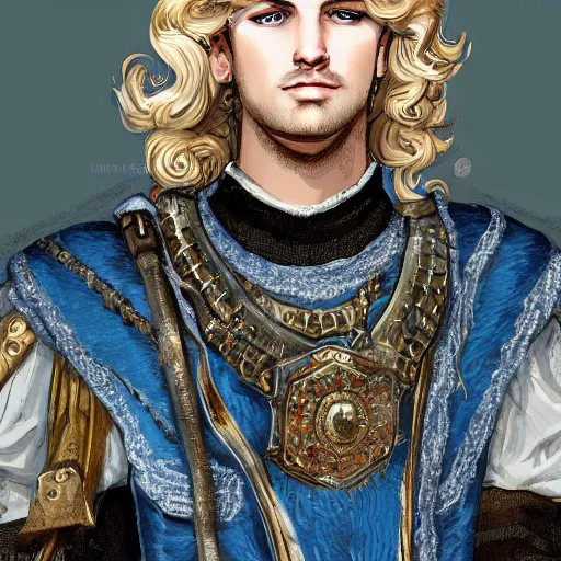 Image similar to portrait, 27 years old man, blue eyes, blond curls, charming, handsome :: rich expensive medieval clothes :: high detail, digital art, fantasy, RPG, concept art, illustration