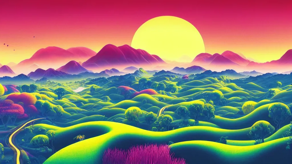 Prompt: digital painting of a lush sinuous river valley by. river. sunset. no mans sky. chiho aoshima. digital render. detailed. beautiful landscape.