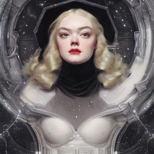 Prompt: leyendecker and peter paul rubens, head and shoulders portrait of a elle fanning in black endless void with stars, unreal engine, fantasy art by global illumination, radiant light, detailed and intricate environment