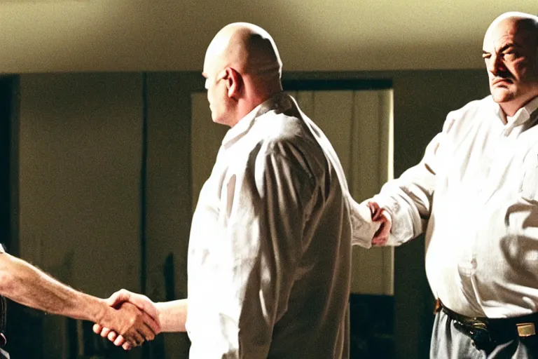 Image similar to walter white shaking hands with tony soprano at the badabing, film still, dramatic lighting, epic,