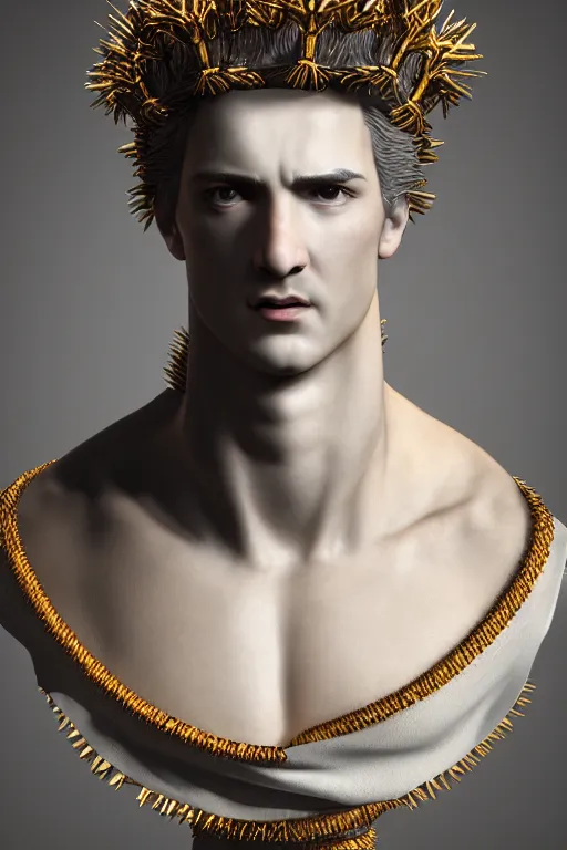 Image similar to a realistic porcelain full-head baroque style bust of handsome young seductive Spanish prince with a spiky hair, wearing a crown made out of woven pipe cleaners, suspended in outer space, photorealism, octane render, depth of field, 8k, 35mm, artgem, Trending on artstation