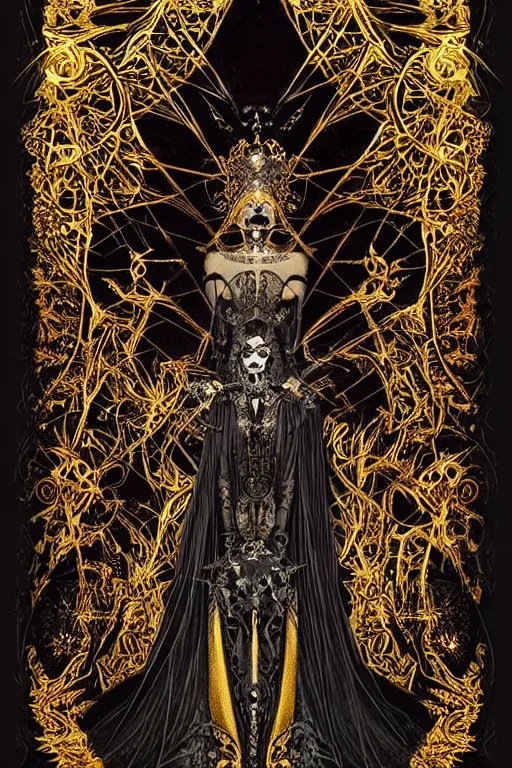 Image similar to queen of death, Necro style, Midjourney style, golden tarot card, Mandelbulber fractal, insanely detailed and intricate bright black line, golden ratio, elegant, gothic fog, ornate, horror, elite, sinister, haunting, matte painting, cinematic, cgsociety, bright and bright, painted by Caravaggio, Greg rutkowski, Sachin Teng, Thomas Kindkade