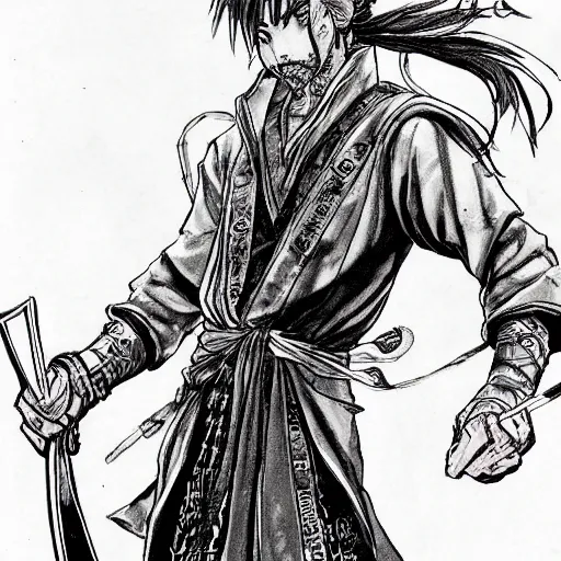 Image similar to a handsome golden Vagabond magic swordsman glides through a beautiful battlefield magic the gathering dramatic esoteric pen and ink illustrated in high detail by Kishimoto