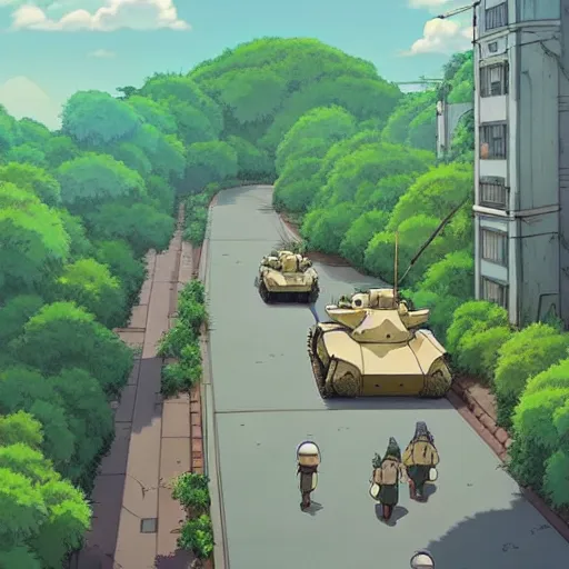 Prompt: a beautiful movie still in the style of Studio Ghibli anime showing a tank with arms in the streets of post-apocalyptic Singapore overrun by vegetation. Studio Ghibli, aerial photography, wide angle lens, trending on artstation, trending on behance