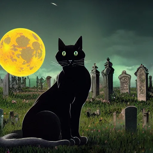 Image similar to an ultra detailed animation of a black cat in a graveyard at midnight on halloween tattoo, digital art, dark fantasy, concept art, soulslike, by alphonse mucha, blood moon eclipse, ruined building in the background, artstation, 8 k, unreal engine render