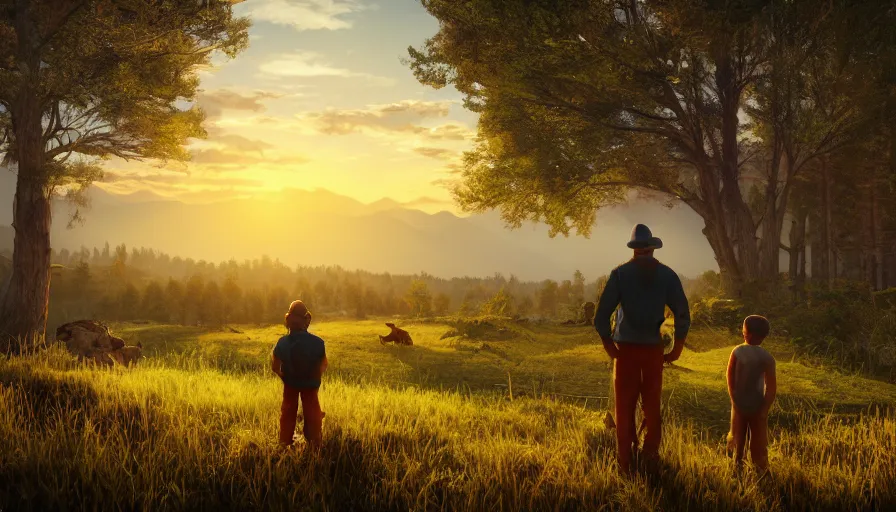 Image similar to back view of lumberjack and his son on the edge of mountains watching animals in the field in the distance, volumetric light, sunset, hyperdetailed, artstation, cgsociety, 8 k