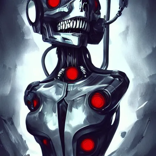Image similar to skull - headed robot cyborg painting, illutstration, concept art, cyberpunk, futurism, comics art, artgerm, full body shot, wide angle