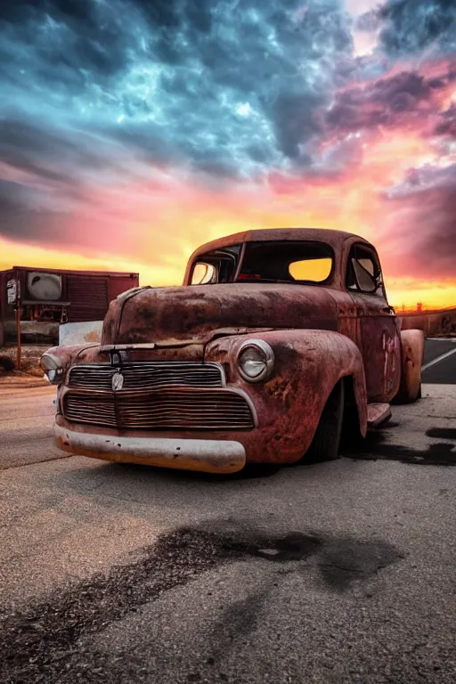 Image similar to a sunset light landscape with historical route 6 6, lots of sparkling details and sun ray ’ s, blinding backlight, smoke, volumetric lighting, colorful, octane, 3 5 mm, abandoned gas station, old rusty pickup - truck, beautiful epic colored reflections, very colorful heavenly, softlight