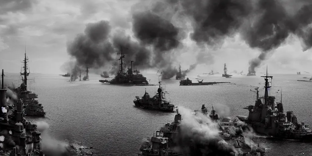 Prompt: dieselpunk naval battle, shots fired, clouds of smoke, wide shot, 4k high res, 120 black and whtie film