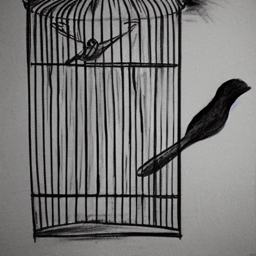 Image similar to an abstract rough charcoal sketch of a bird in a bird in a cage, black and white