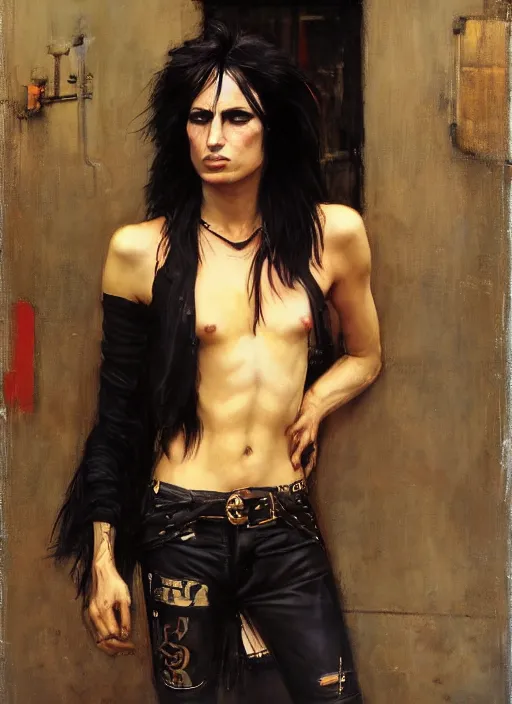 Prompt: androgynous glam rocker outside cbgb in the style of phil hale, sfumato Orientalist portrait by john william waterhouse and James Gurney and Theodore Ralli and Nasreddine Dinet, oil on canvas. Cinematic, hyper realism, realistic proportions, dramatic lighting, high detail 4k