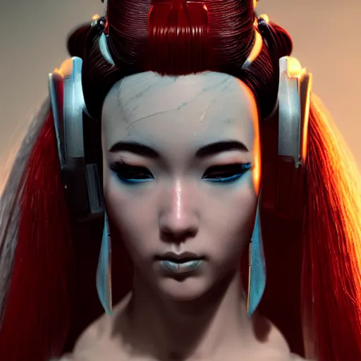 Prompt: cyberpunk geisha, full cyborg body, goddess body cinematic lighting, beautiful face, ultra detail, ultra realistic, photo realistic, octane render,