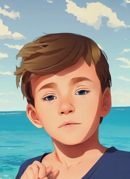 Image similar to a little boy with tousled blonde hair and blue eyes sitting on the beach. clean cel shaded vector art. shutterstock. behance hd by lois van baarle, artgerm, helen huang, by makoto shinkai and ilya kuvshinov, rossdraws, illustration, art by ilya kuvshinov