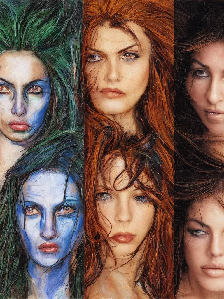 Image similar to half-length portrait of a female face, left side of face rusty mechanical robot, right side of face beautiful middle-aged human, left eye blue colored, right eye green colored, intense look, hair like flames, serious facial expression, similar Monica Belucci, by Simon Stalenhaag, by Mark Arian, by Julie Bell, by M.W. Kaluta, moody light, soft, 4K, matte painting, hyperdetailed, featured on artstation