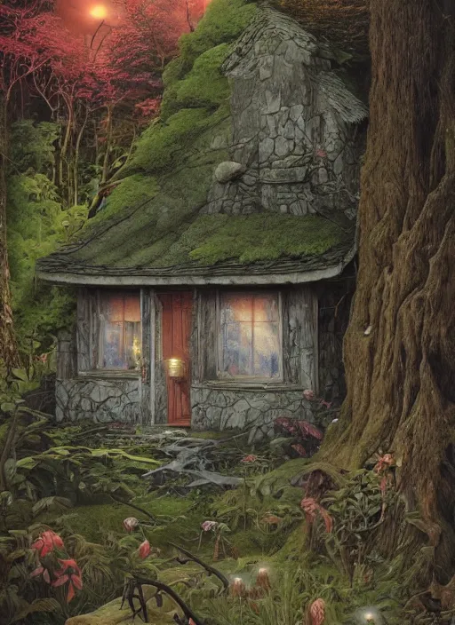 Image similar to hyper realistic witch cottage japanese shrine in the woods gorgeous lighting, highly detailed, lush forest painting by zdzisław beksinski and norman rockwell and greg rutkowskiweta studio, and lucasfilm