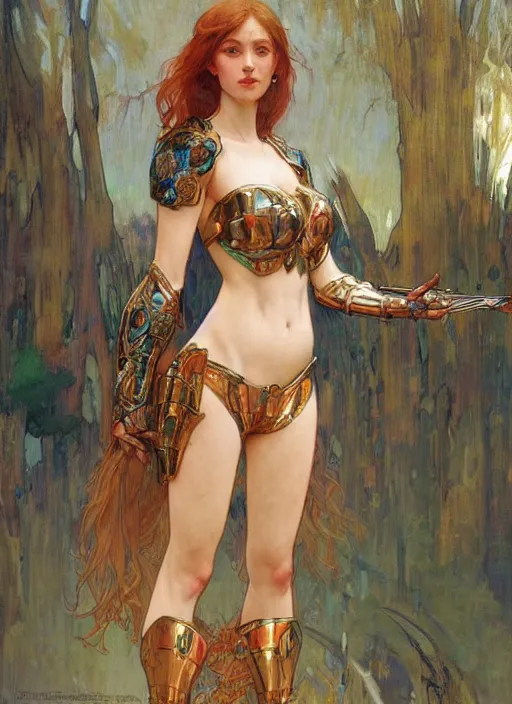 Prompt: bikini armor female knight, elegant, vibrant, fantasy, intricate, smooth, painted by edgar maxence, alphonse mucha, artgerm, artstation, illustration