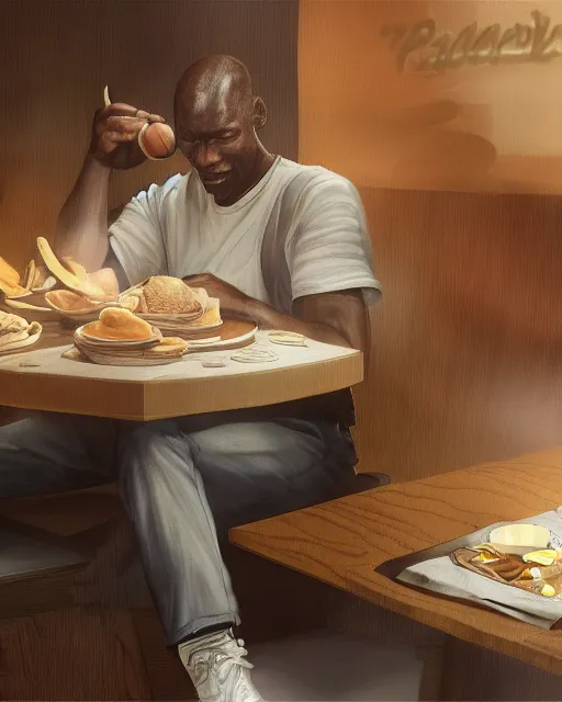 Image similar to micheal jordan eating at panera bread, hyper realistic, ambient lighting, concept art, intricate, hyper detailed, smooth, volumetric lighting, octane