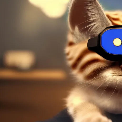 Image similar to crypto trading lyoki kitten from the future, wearing a cool vr headset 8 k hyperrealistic, trending on artstation