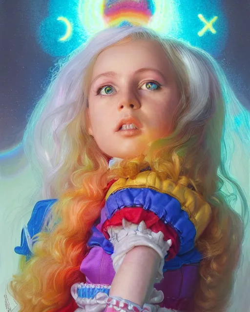 Image similar to rainbow brite portrait | highly detailed | very intricate | symmetrical | whimsical and magical | soft cinematic lighting | award - winning | closeup portrait | doll | painted by donato giancola and mandy jurgens and ross tran | pastel color palette | featured on artstation