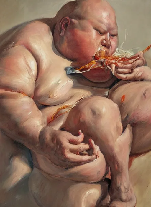 Image similar to high quality high detail painting by jenny saville, hd, a fat man eating spaghetti, photorealistic lighting