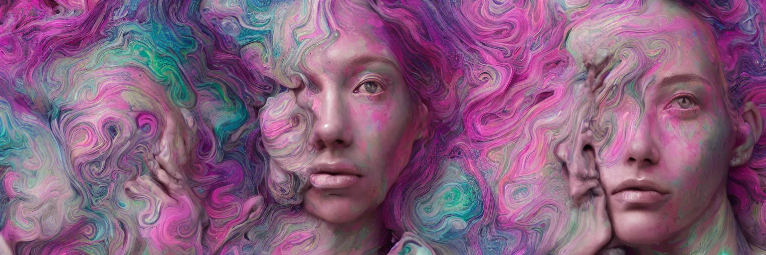Image similar to A portrait of a very beautiful goddess with pink and grey hair radiating an artwork made of multicolored swirling paint and empasto by James Jean and WLOP , volumetric displacement by Lee Griggs, volume noise, hyperrealism, subsurface scattering, octane render, 8k, xparticles
