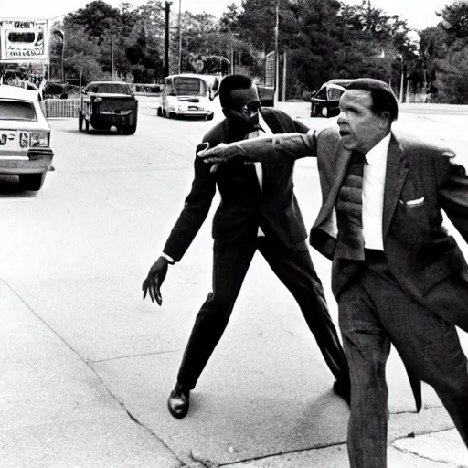 Prompt: Jamal and DeAngelo shooting up smack with Richard Nixon behind a 7/11, photo