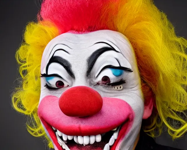 Image similar to mischief the clown, interface, umami, youtube series, pink monster clown, red lips with yellow teeth, big red nose, large yellow eyebrows, pink spaghetti body