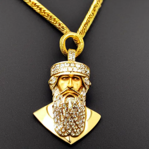 Prompt: hip hop style gold and diamond jesus head pendant with large diamonds encrusted in the hair and beard of jesus. the pendant is hanging from a solid gold miami cuban link chain