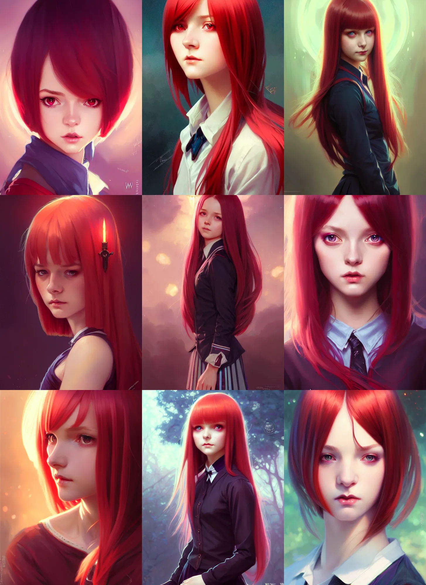 Prompt: portrait cute female, magic school uniform, dnd fantasy magic, long bob cut hairstyle, iridescent red hair, cinematic rim light, intricate, elegant, sharp focus, illustration, highly detailed, digital painting, concept art, matte, art by wlop and artgerm and greg rutkowski and alphonse mucha, masterpiece