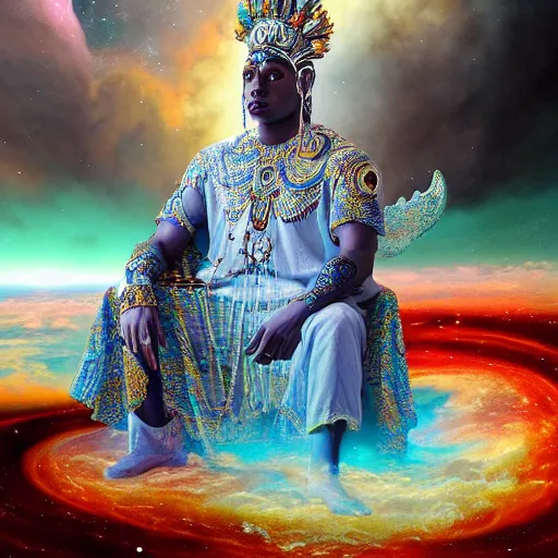 Image similar to obatala the cosmic god sitting on a throne of nebula clouds, by Adi granov and afarin sajedi in a psychedelic portrait style, ultrarealistic matte painting, volumetric lighting, piercing eyes, highly detailed face, orisha, 8k, hd