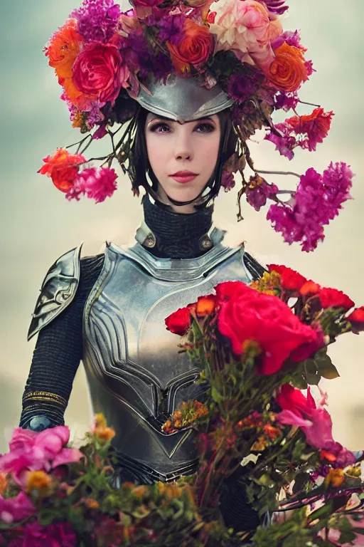 Image similar to closeup portrait of a beautiful mysterious amouranth warrior wearing an armour costume and helmet, holding a bouquet of flowing flowers from below, hands disappeared under the bouquet of flowers, profile view, fantasy, regal, intricate, by ren hang, martine johanna, tran nguyen